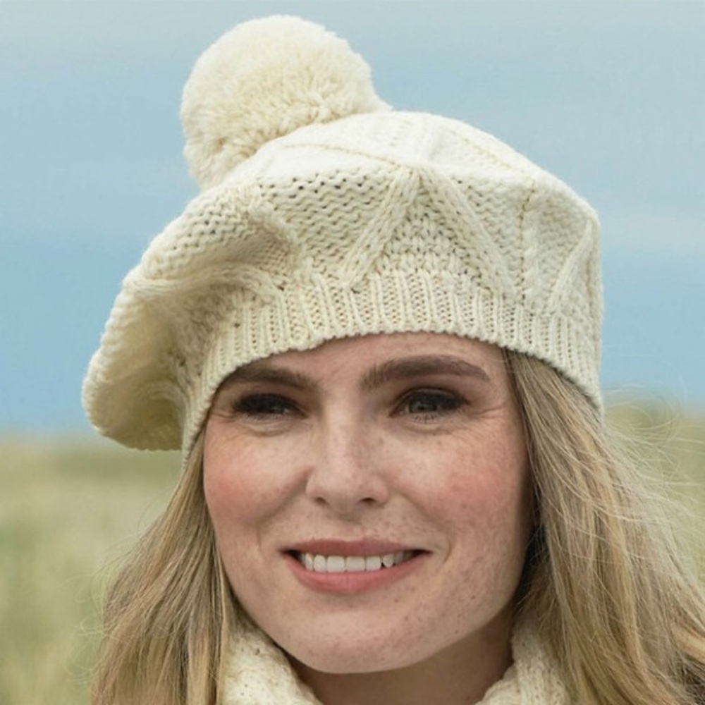 ARAN Ireland O/S Cream Cable Knit Merino Wool Tam Cap Pom Pom Top